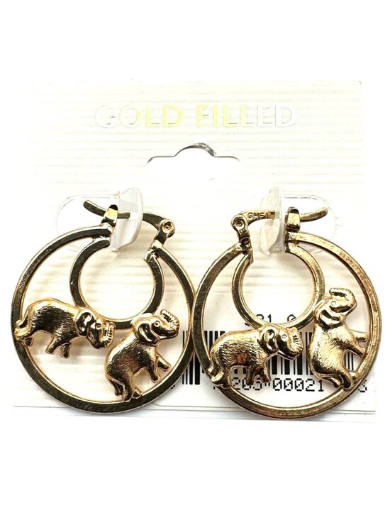 None Jewelry - Elephant Earrings Yellow Gold Filled Hoops Pierced Chandelier Original Card NOS